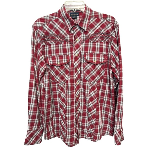Pendleton x Ariat Plaid Pearl Snap Shirt Men’s Sz Medium Red White Western Rodeo - Picture 5 of 9